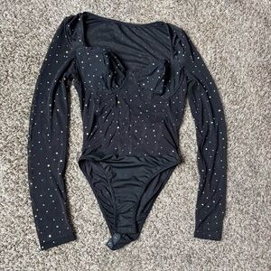 Sparkly black translucent corset bodysuit with long sleeves